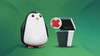 a penguin is seen standing near a trashcan with a red cross mark logo on it