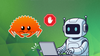 a banner depicting multiple graphical elements like a crab, a robot working on a laptop and a hidden logo