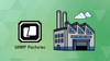 warp logo with some pixel-styled text below it, an illustration of a factory with clouds passing above it on the rgit