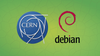 cern logo (left), debian logo (right), background is green with a cell-like pattern