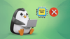 a penguin is working on a laptop, and two floating illustrations showing an arm chip and a cross sign are beside it