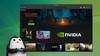 gamer penguin holding controller, a screenshot of geforce now's linux client, and the wide nvidia logo