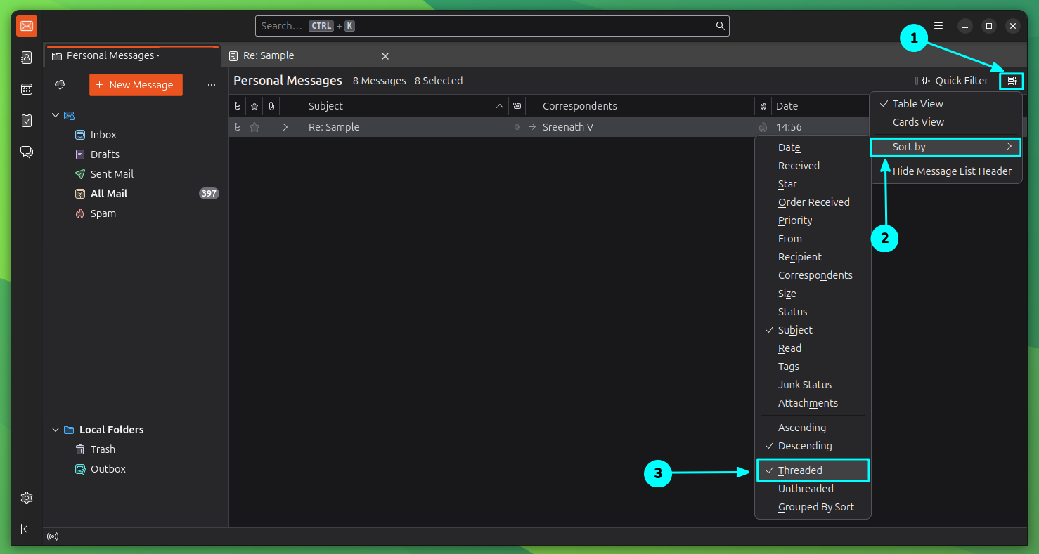 Enable and disable message threads in thunderbird