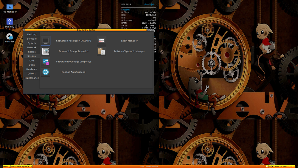 Damn small Linux showing the settings screen