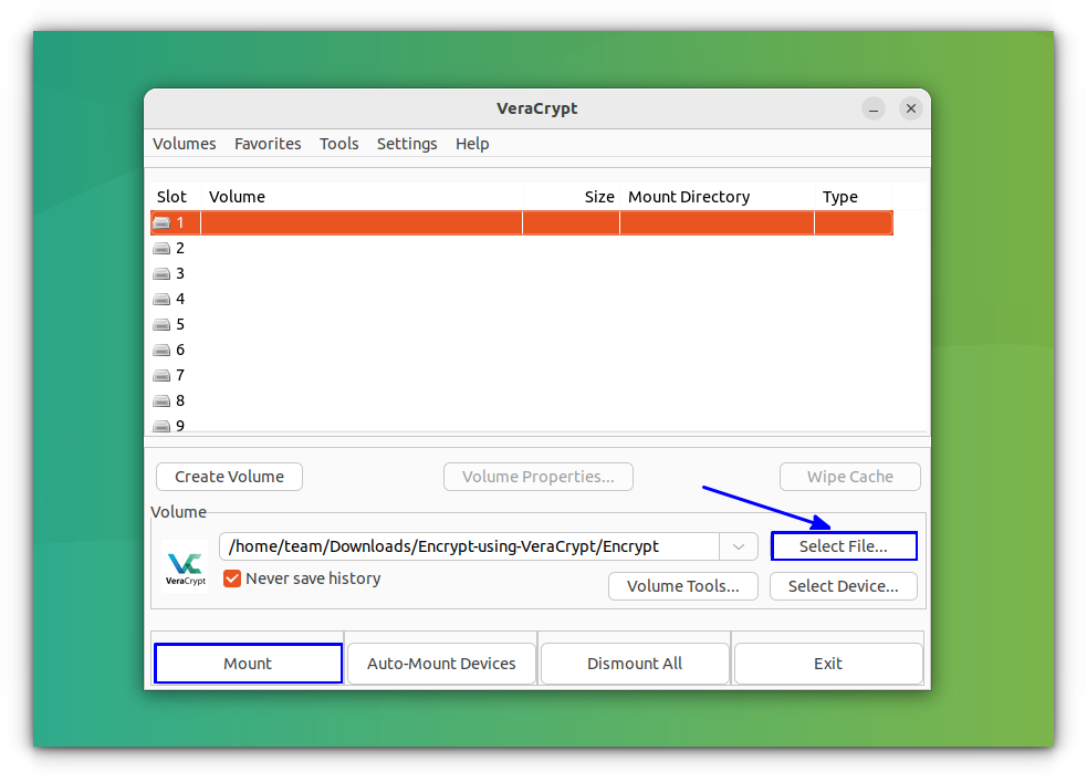 Click on the Select File button to select the created volume file and press Mount to mount that volume