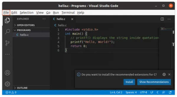 C program editing in Visual Studio Code