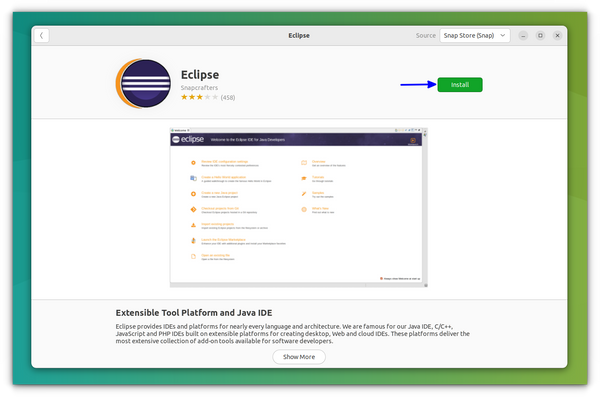 Install Eclipse IDE as a snap application from Ubuntu Software Centre