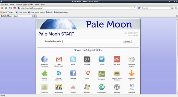 Pale Moon browser home page, with quick links to popular websites