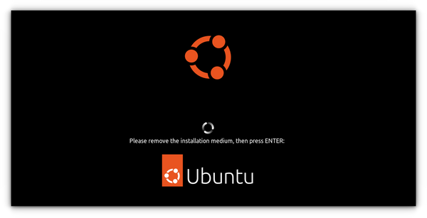 Once installation is finished and the restart button is pressed, you are asked to remove installation medium and press Enter