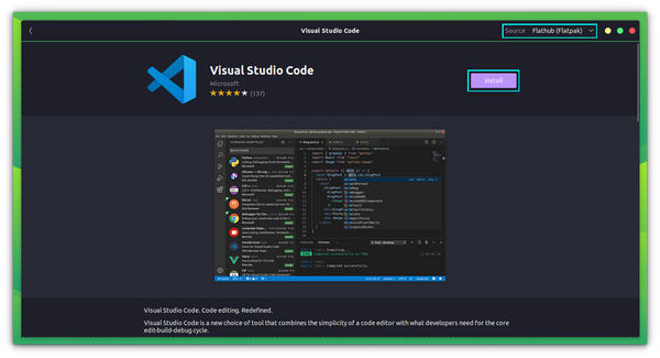 Install VS Code as a Flatpak application from supported Software Center