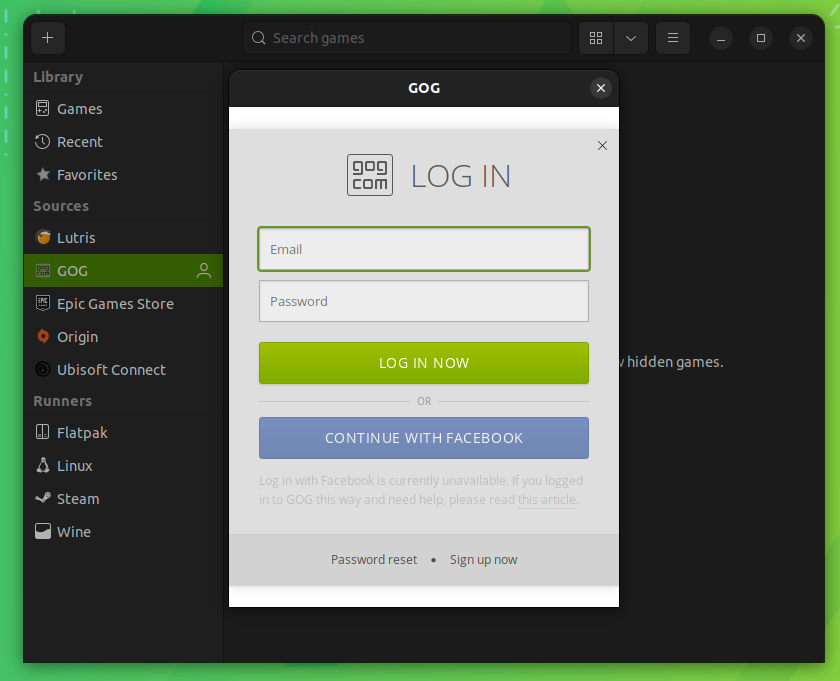 gog sign in through lutris