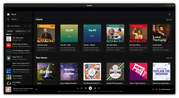 Spotify desktop application interface. Installed on Ubuntu