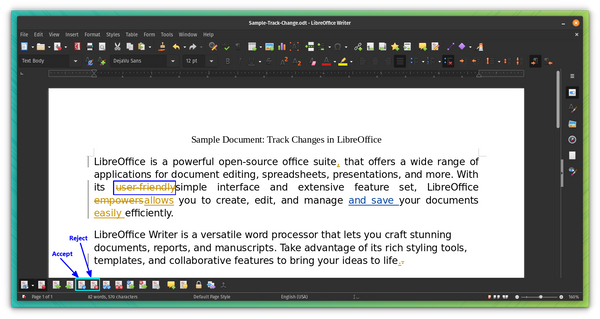 Accept and Reject Button in LibreOffice track Change toolbar