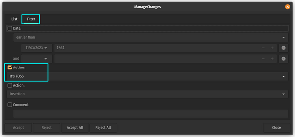 Filters Tab in Manage Changes Dialog Box