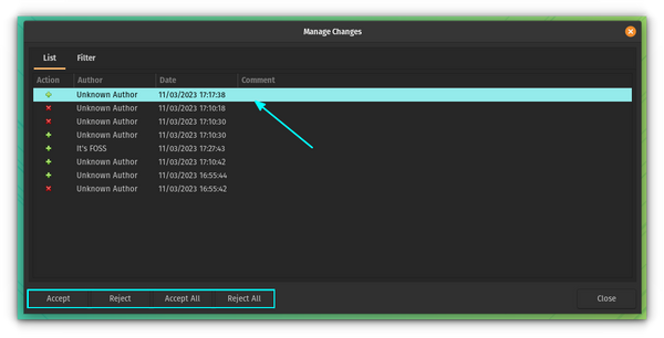 Accept or reject changes through the Manage Changes dialog box