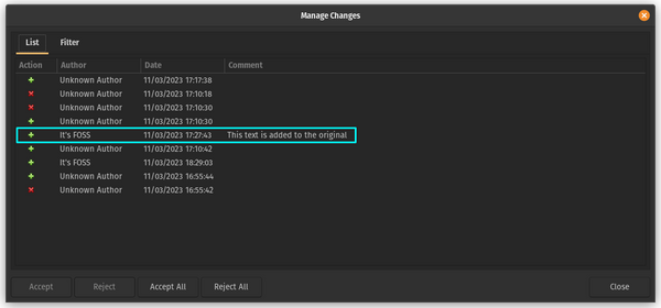 View Track Change Comments in Manage Changes dialog box