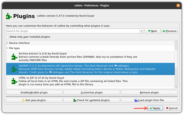 Confirm adding of DeDRM plugin to Calibre