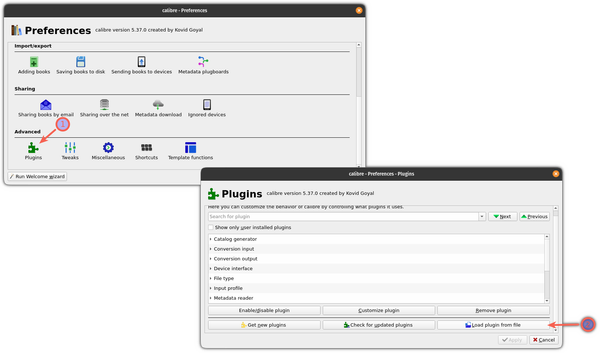 Open preferences in calibre to add external plugins