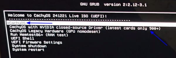 Select CachyOS with open-source drivers or CachyOS with NVIDIA closed source drivers as required by your system.