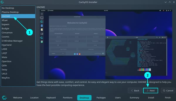 Select a desktop from the list provided. Here, GNOME is selected. Then click Next.