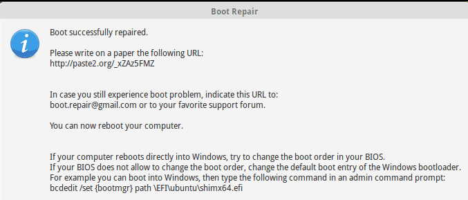 Boot repair successful finish