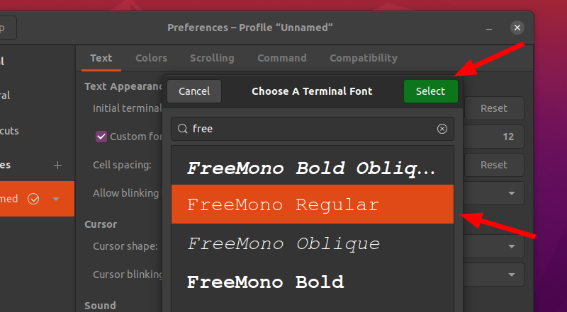 ubuntu custom font selection