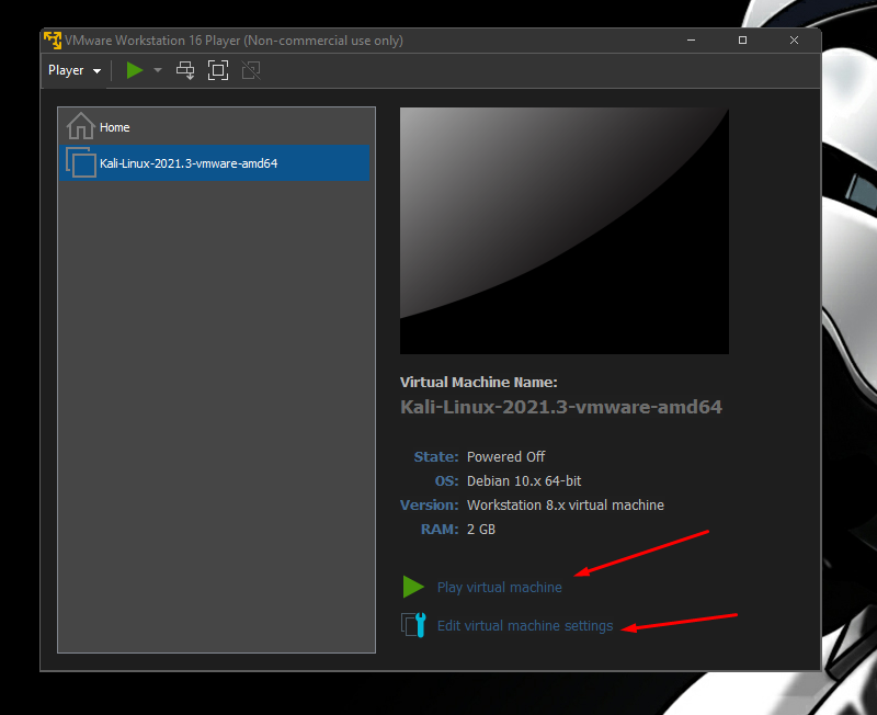 virtual machine settings kali