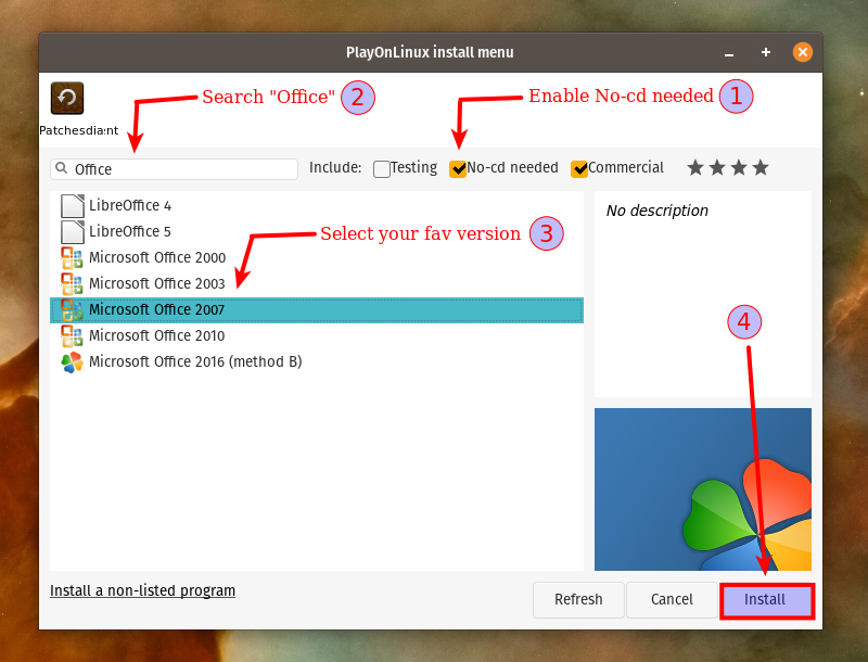 Searching for MS Office in PlayOnLinux