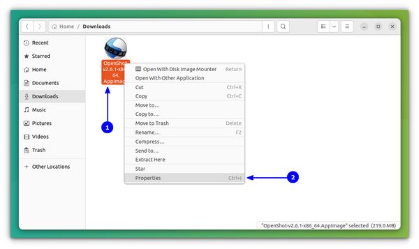 right click on appimage file and select properties