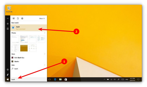select bash from windows start menu