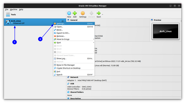 select settings for the virtual machine