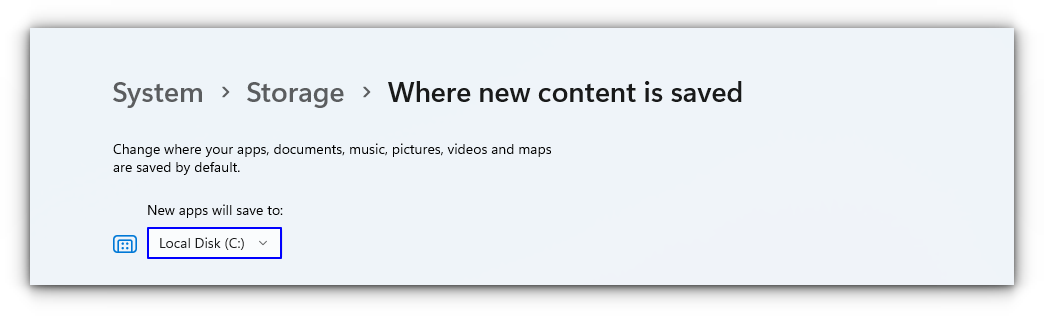 select the c drive as storage space for new apps in windows 11 settings
