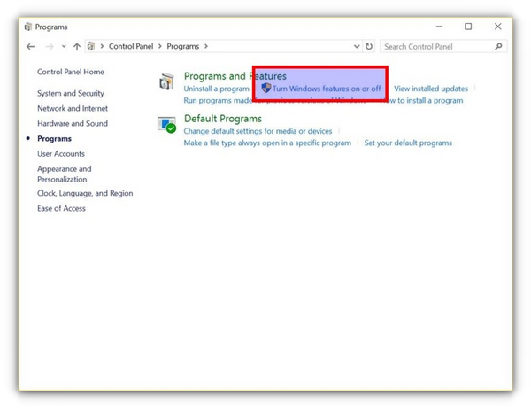 select turn windows feature on or off from programs and features section