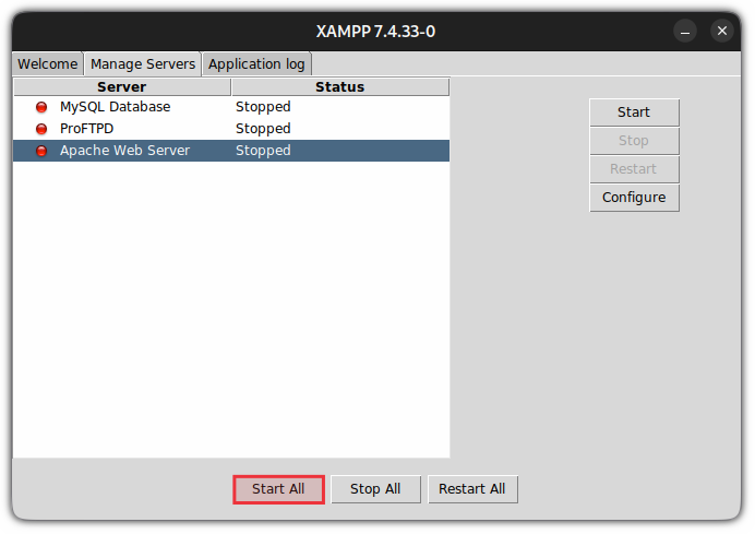 start apache and mysql database in xampp