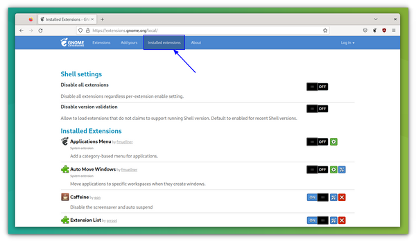 Extensiones instaladas enumeradas en el sitio web de Gnome Extensions