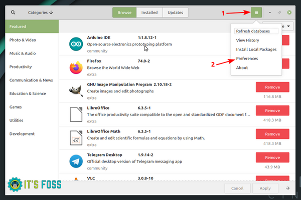 preferences inside pamac