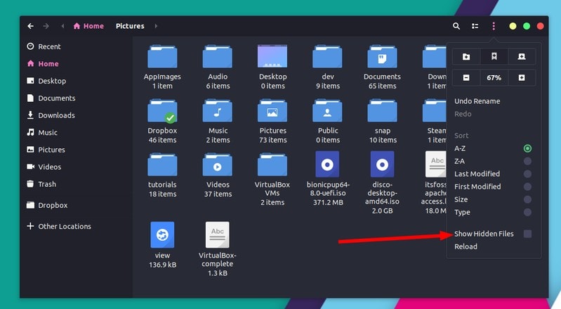 Show hidden files in Ubuntu GNOME desktop