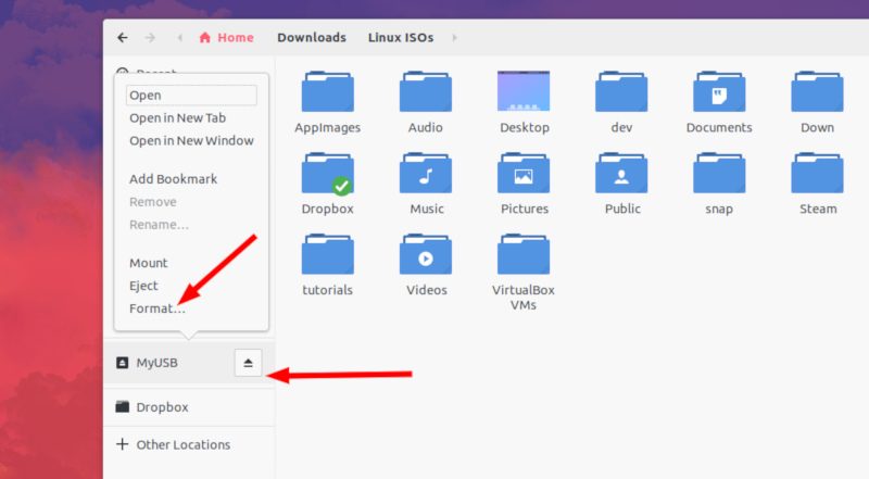 Format option for USB in Ubuntu 