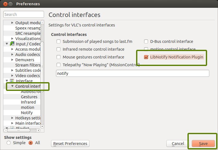 Enable desktop notification for VLC in Ubuntu 13.10
