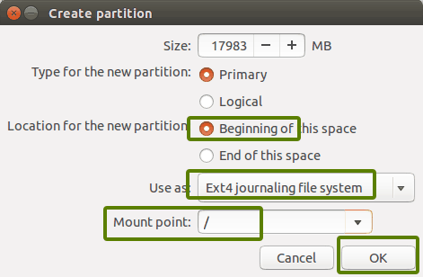 Creating partition for Ubuntu installation