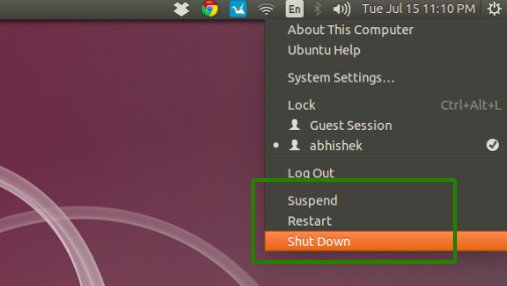 restart option in Ubuntu settings