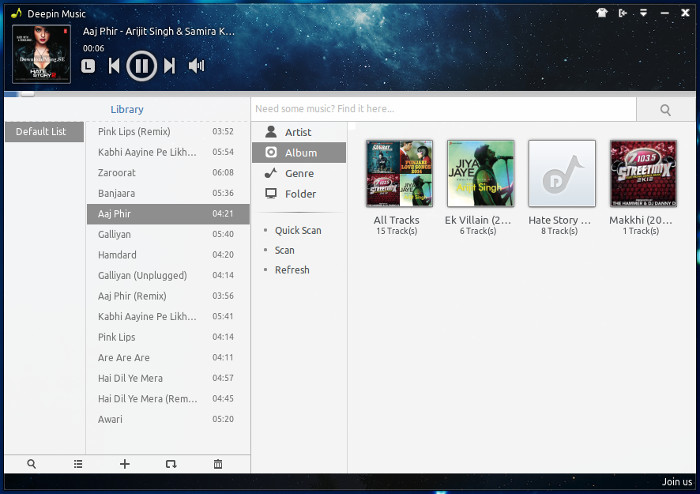 Deepin music player in Ubuntu and Linux Mint