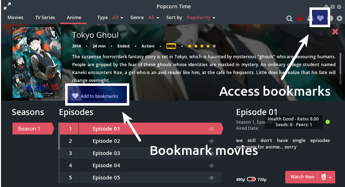 Save videos in bookmark in Popcorn Time