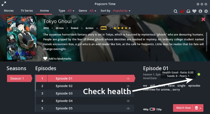 Check torrent health in Popcorn Time