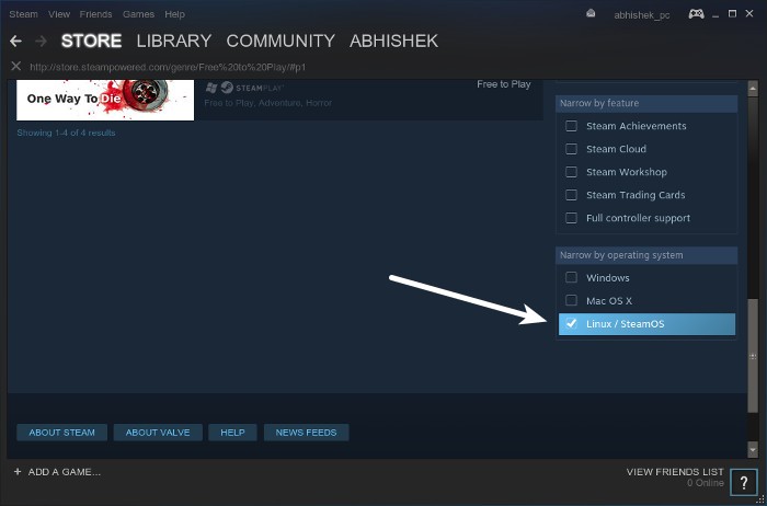 Searching for Linux games in Steam