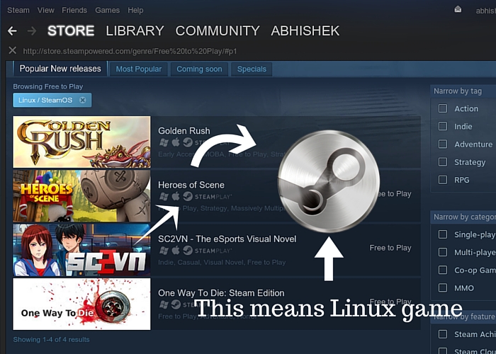 Searching for Linux games in Steam
