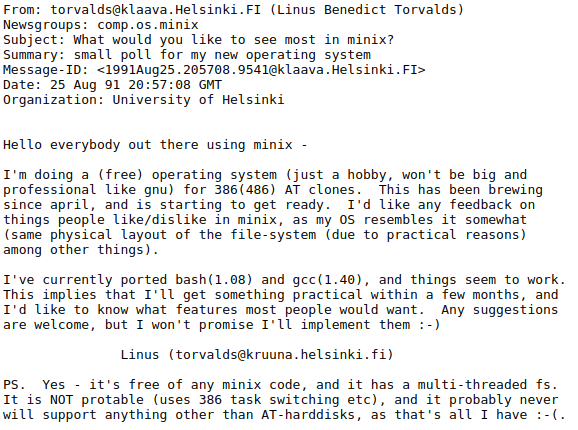 Linus Torvalds announcement email of Linux