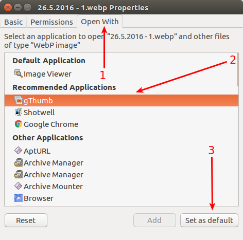 Set gThumb the default application for WebP images in Ubuntu Linux