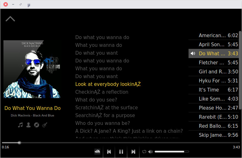 Main Player view of Mu music player