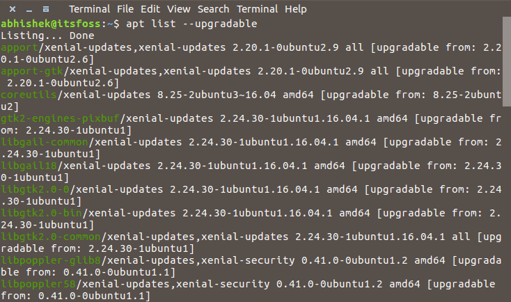 List all upgradeable packages using apt command in Linux